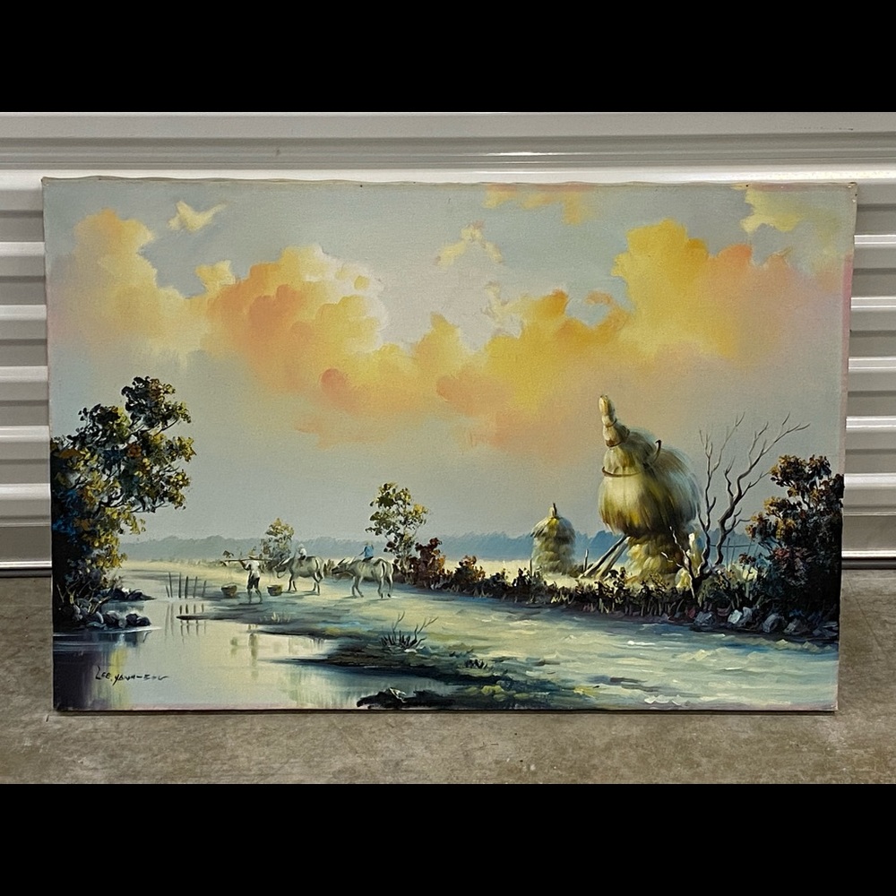 Serene Oriental Waterscape of Men Riding Ox and Carrying Water, Signed Lee